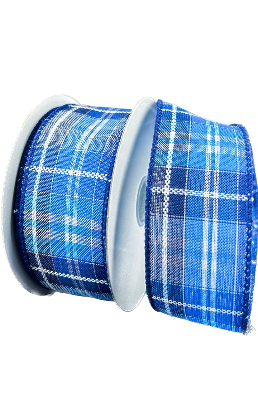 10 Yards - 1.5” Wired Blue and White Kennedy Printed Plaid Ribbon