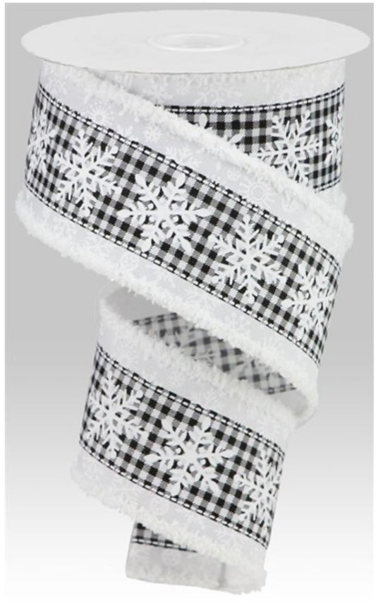 10 Yards - 2.5" Wired White and Black Check Snowflake Snowdrift Edge Ribbon