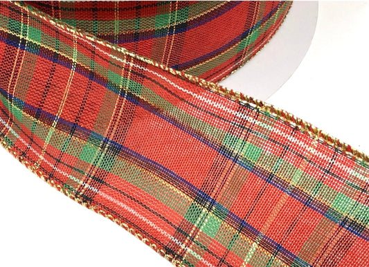 50 Yards - 2.5” Christmas Plaid with Gold Trim Ribbon