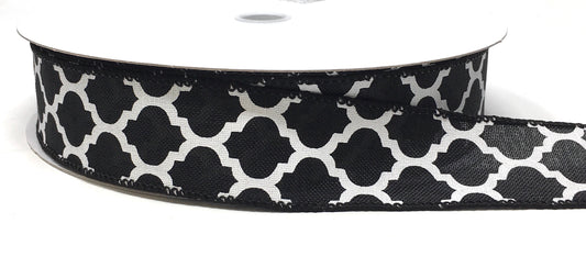 50 Yards - 1.5” Wired Black and White Lattice Ribbon