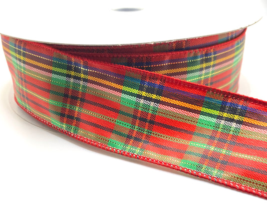 50 Yards - 1.5” Wired Red Green Blue and Black with Metallic Gold Woven Plaid Ribbon