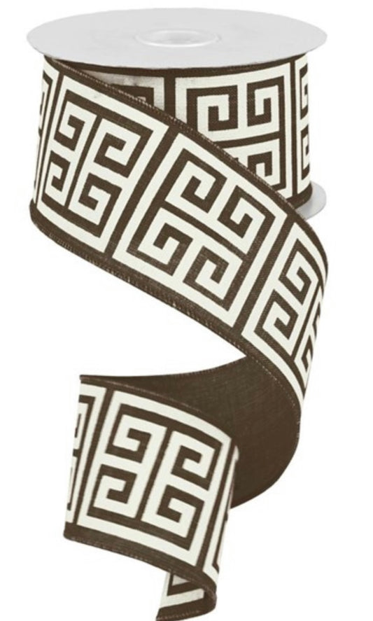 10 Yards - 2.5” Cream and Brown Greek Keys Ribbon