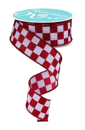 Wired White and Red Print Glitter Check Ribbon- 1.5”x10 Yards
