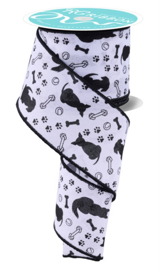 10 Yards - 2.5” Wired Dog, Bone and Paw Print White Background Ribbon