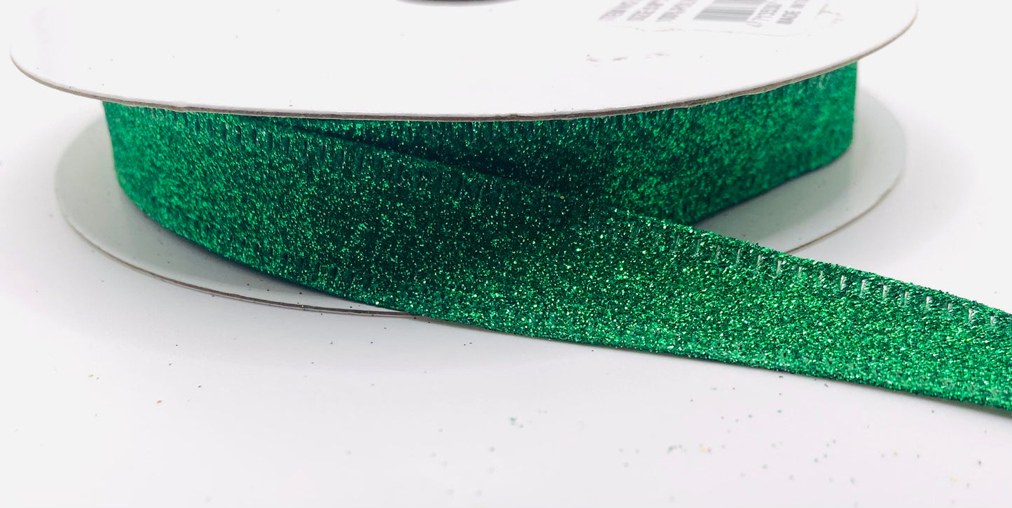 10 Yards - 5/8” Wired Emerald Green Glitter Ribbon