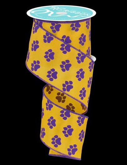 10 Yards- 2.5” Wired Gold with Purple Paw Prints Ribbon