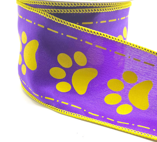 10 Yards - 2.5” Wired Purple and Yellow Satin Paw Print Ribbon