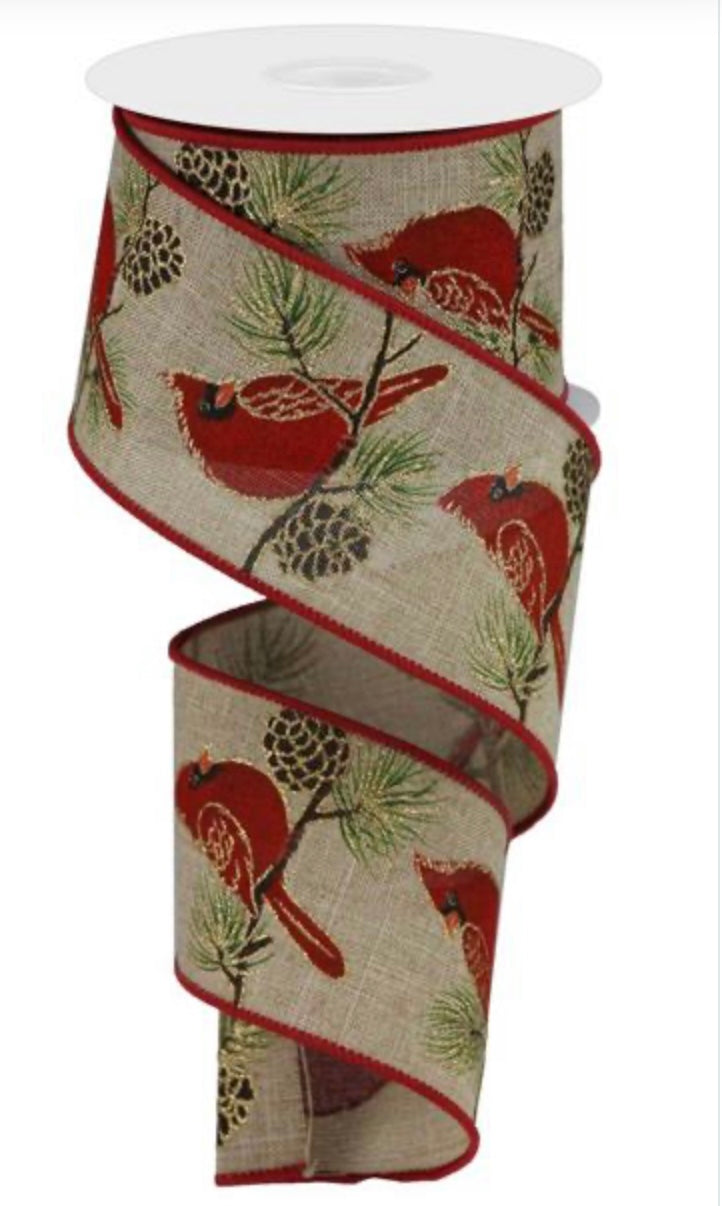 10 Yards - 2.5” Wired Cardinal on Pine Branch Ribbon