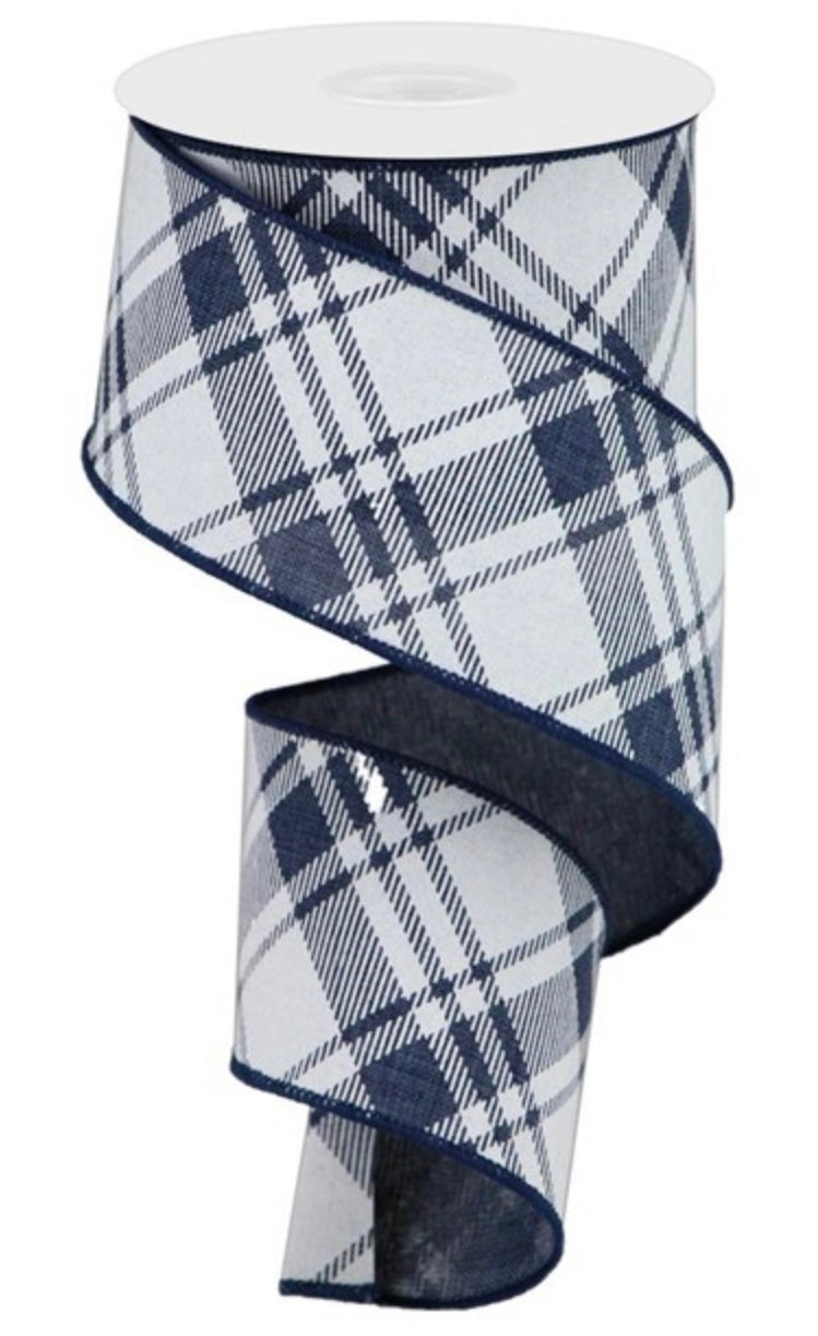 10 Yards - 2.5" Wired Navy and White Diagonal Cross Check Ribbon