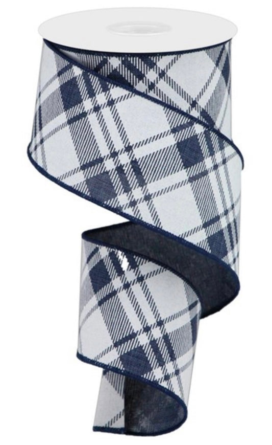 10 Yards - 2.5" Wired Navy and White Diagonal Cross Check Ribbon