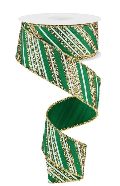 Wired Emerald White Gold Glitter Diagonal Stripe Ribbon- 1.5”x10 Yards