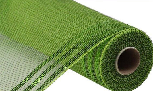 Moss Green with Foil Border Stripe Mesh- 10”x10 Yards