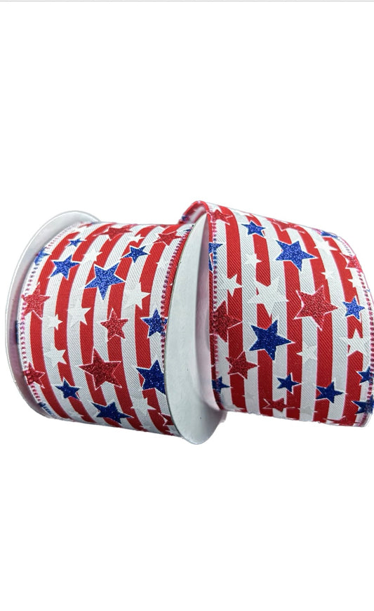 Wired Patriotic Red, White, and Navy Blue Stars and Stripes Ribbon