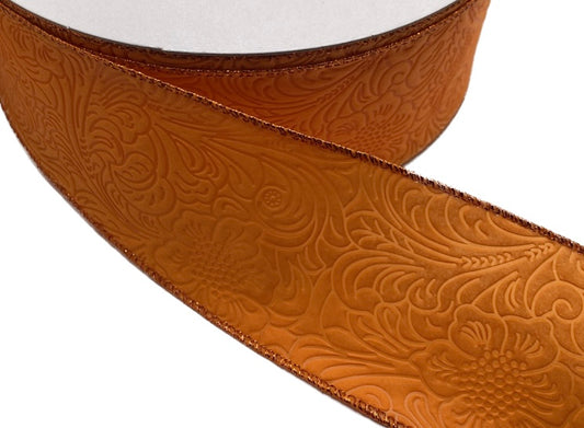 50 Yards - 2.5" Wired Orange Floral Design Embossed Ribbon