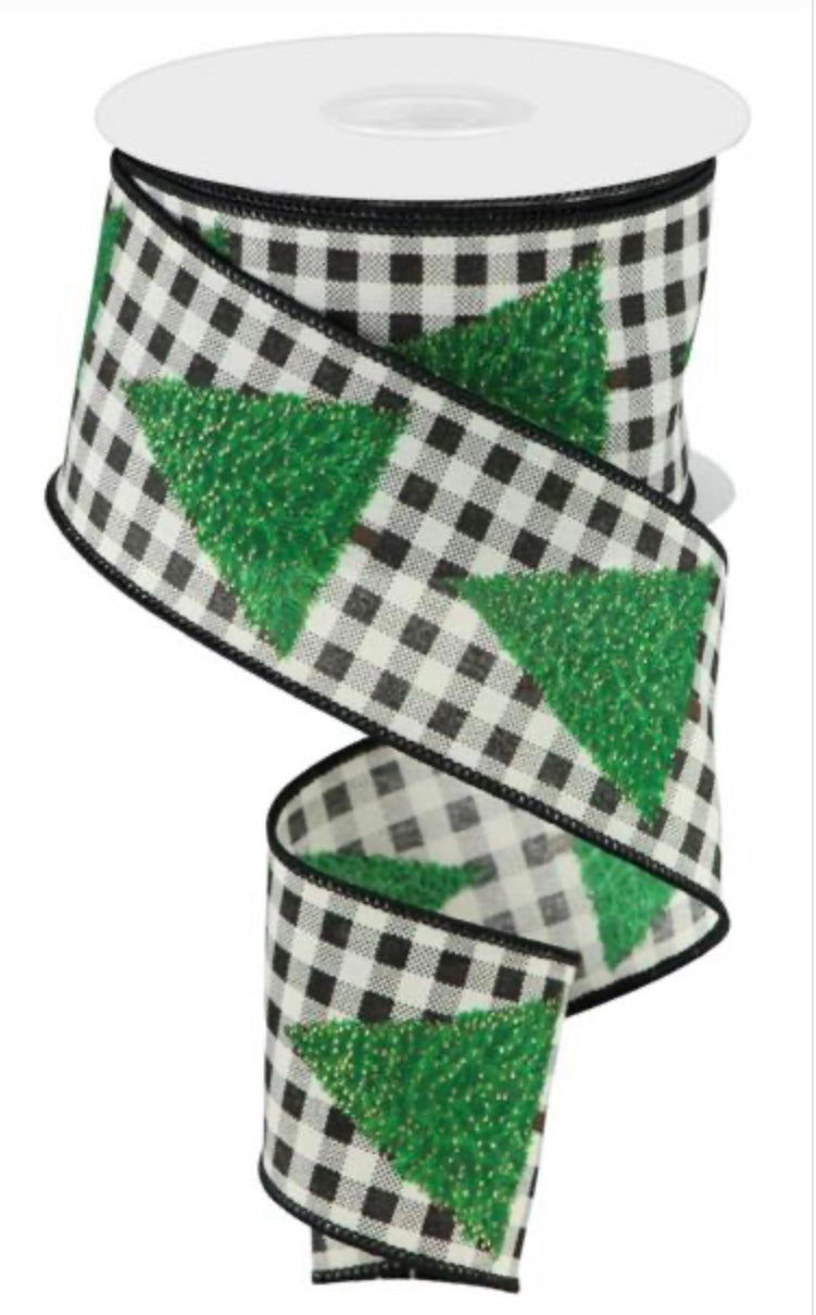 10 Yards - 2.5” Black and White Check Background Christmas Tree Ribbon