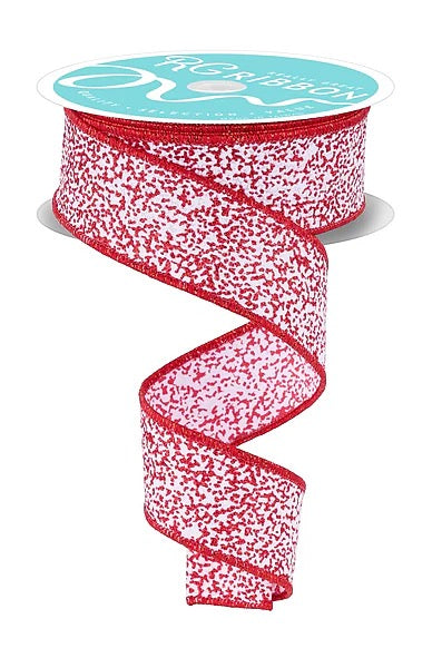 Wired White and Red Irregular Spotted Glitter Ribbon- 1.5”x10 Yards