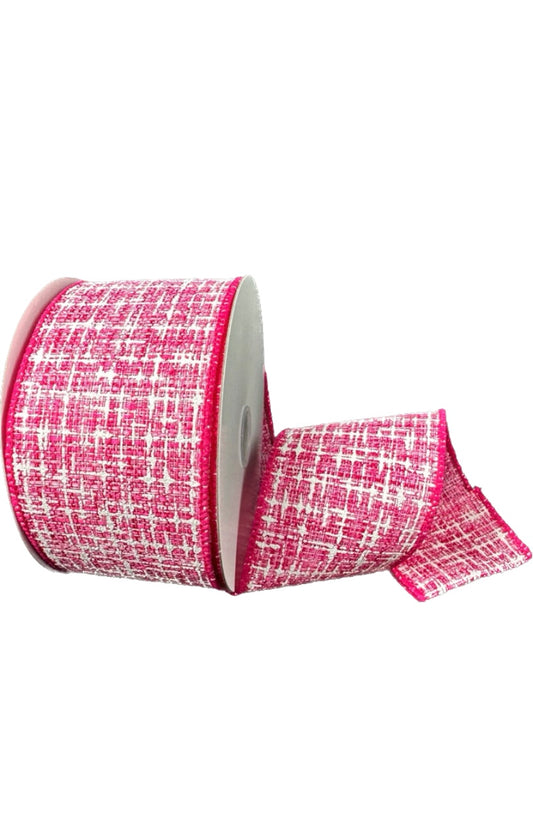 10 Yards - 2.5” Wired Fuchsia and White Embellished Tweed Ribbon
