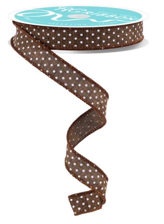 10 Yards- 5/8” Wired Brown with White Polka Dots Burlap Ribbon