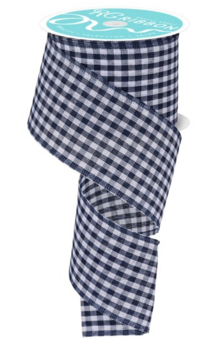 10 Yards - 2.5” Wired Navy Blue and White Gingham Check Ribbon