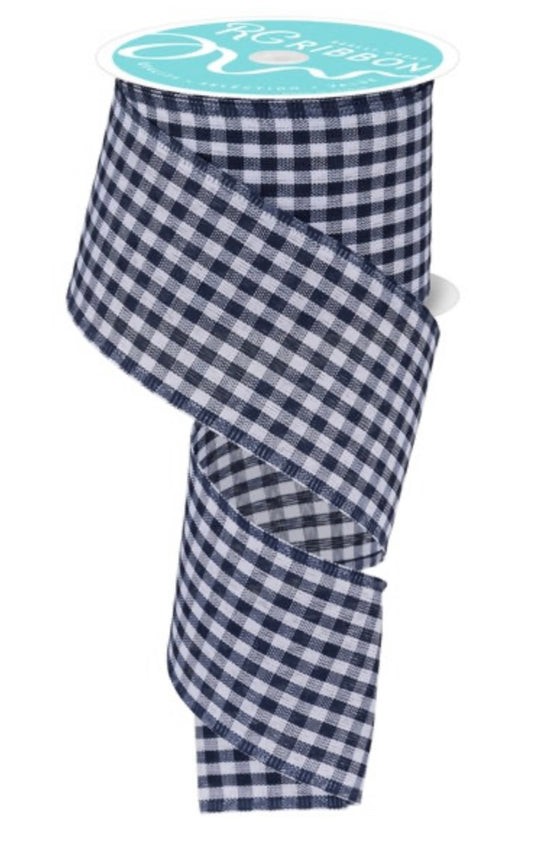 10 Yards - 2.5” Wired Navy Blue and White Gingham Check Ribbon