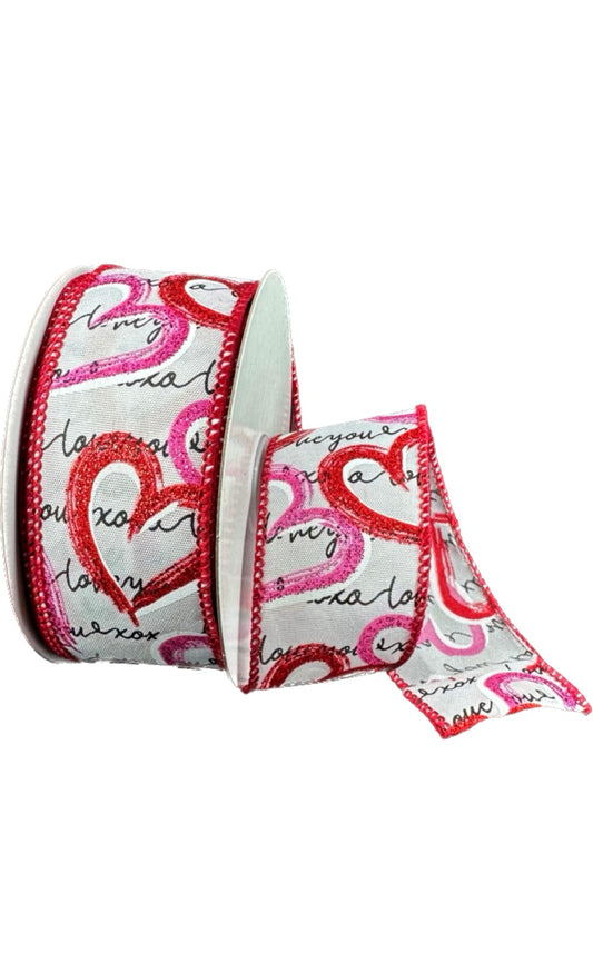 Wired White Satin Love Book Script Fuchsia and Red Hearts Valentines Day Ribbon- 1.5”x10 Yards