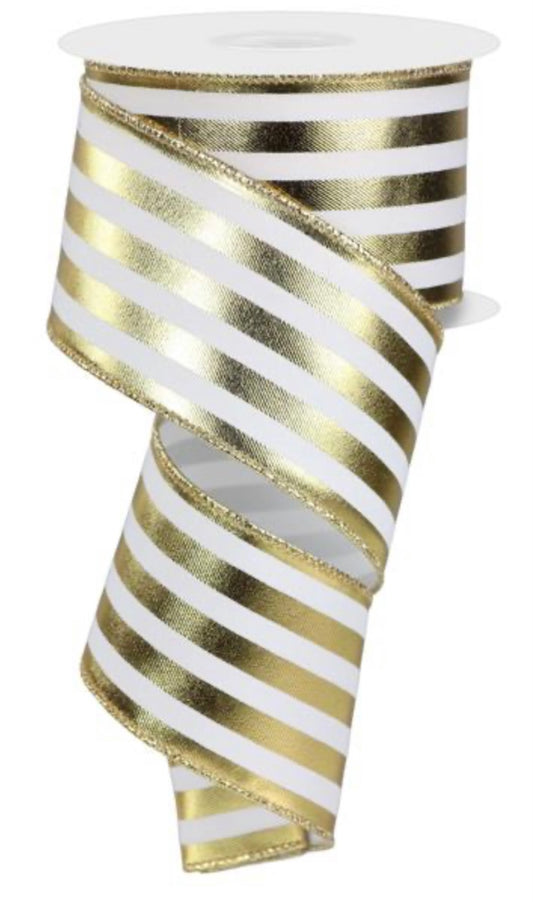 10 Yard - 2.5” Wired Gold and White Metallic Vertical Stripe Ribbon