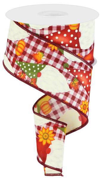 10 Yards - 2.5" Wired Gingham Background Fall Gnome Pumpkin Ribbon