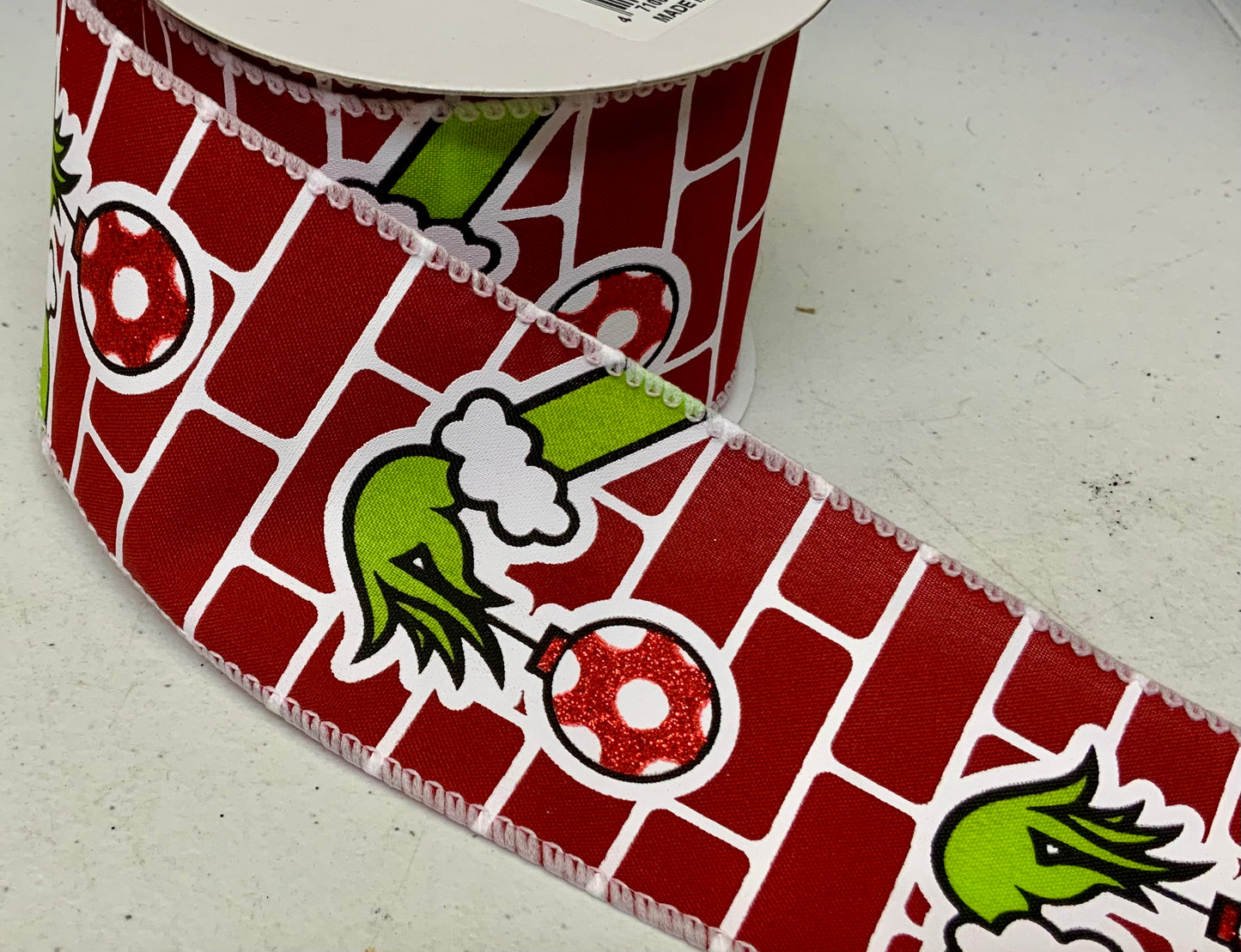 10 Yards - 2.5” Wired Red White Brick Satin Green Monster Hand Ribbon