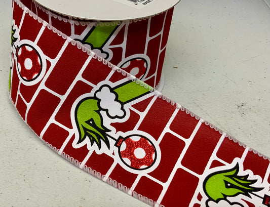 10 Yards - 2.5” Wired Red White Brick Satin Green Monster Hand Ribbon