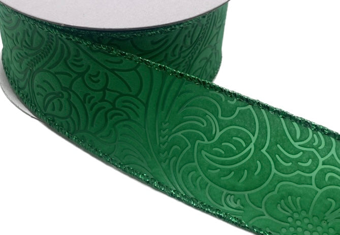 10 Yards - 1.5” Wired Emerald Green Floral Embossed Ribbon