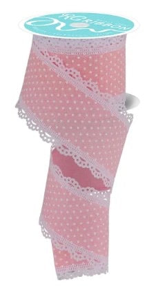 10 Yards - 2.5” Wired Pink and White Swiss Dot Ribbon with Lace Edge