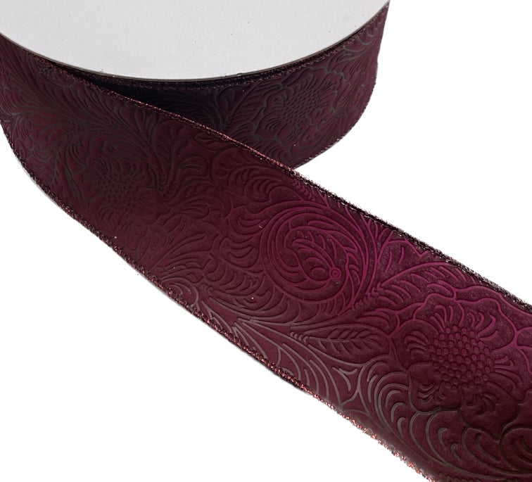 50 Yards - 2.5" Wired Burgundy Floral Design Embossed Ribbon