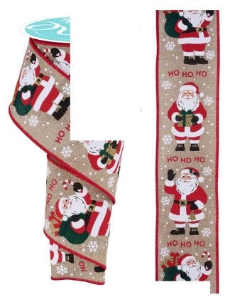 Wired Santa Claus on Natural Ribbon- 2.5” x10 Yards
