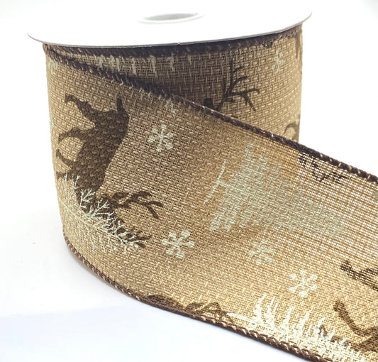 10 Yards - 2.5" Wired Natural Brown Deer and Trees Reindeer Ribbon