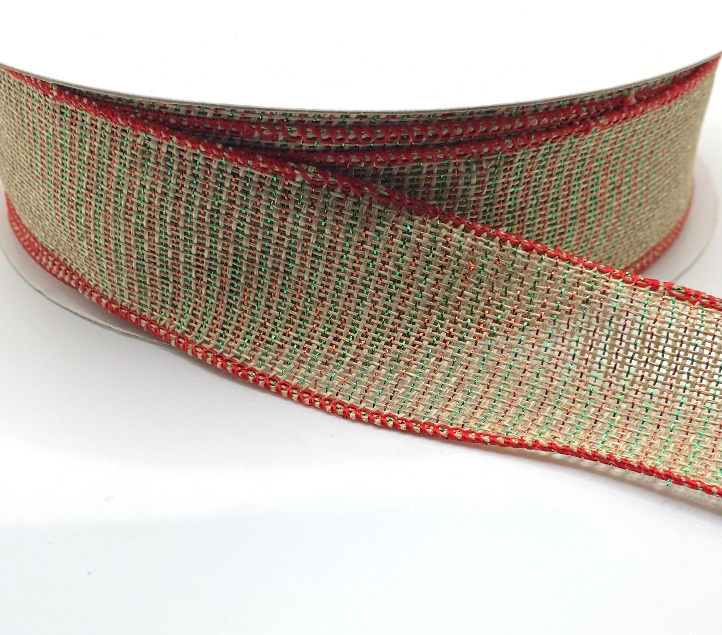 50 Yards - 1.5” Natural with Red and Green Metallic Ribbon