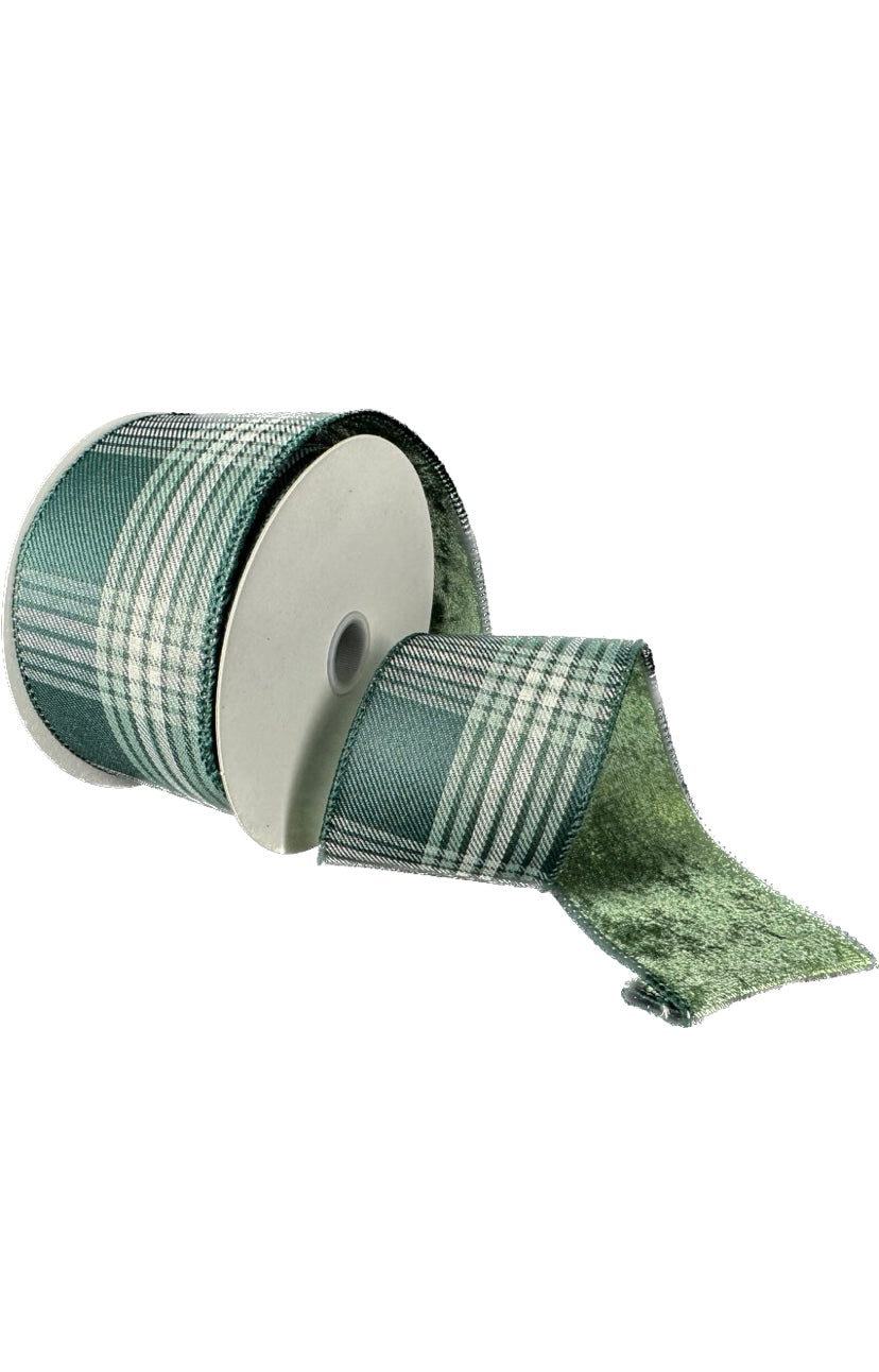Wired Double Sided Hunter Green Cream Plaid Sage Lush Velvet Ribbon-2.5”x 10 Yards