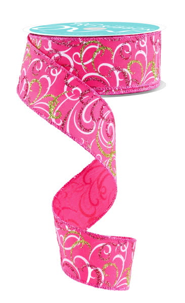 Wired Pink, and White Multi Swirl Glitter Ribbon- 1.5”x10 Yards