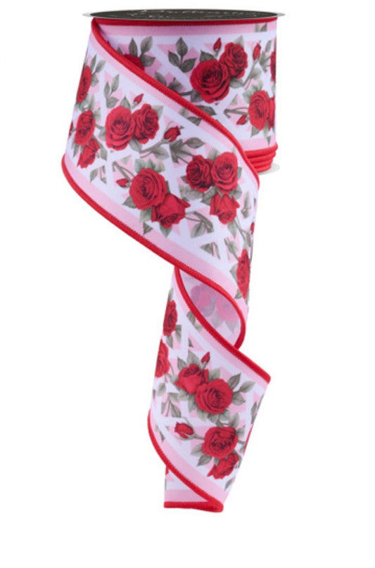 10 Yards - 2.5” Wired Red Rose Flowers on Pink and White Background Ribbon