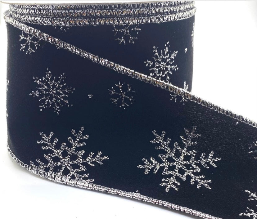 10 Yards - 2.5” Wired Black Velvet Silver Glitter Snowflakes Ribbon