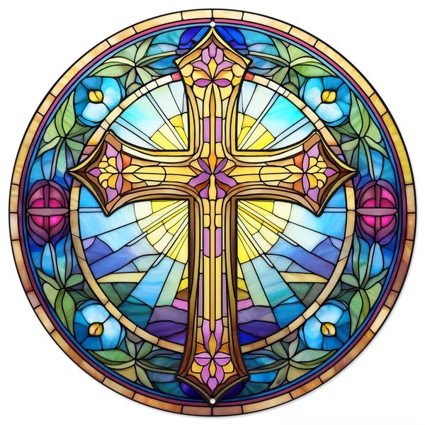 12” Round Metal Stained Glass Cross Wreath Sign