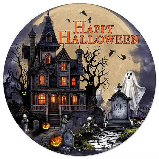 12" Round Metal Happy Halloween Wreath Signs