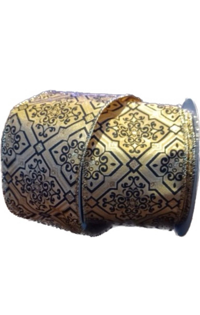 Wired Black Design on Gold Ribbon-2.5”x10 Yards