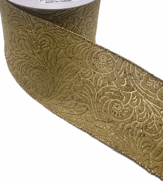 10 Yards - 2.5” Wired Gold with Glitter Floral Embossed Ribbon