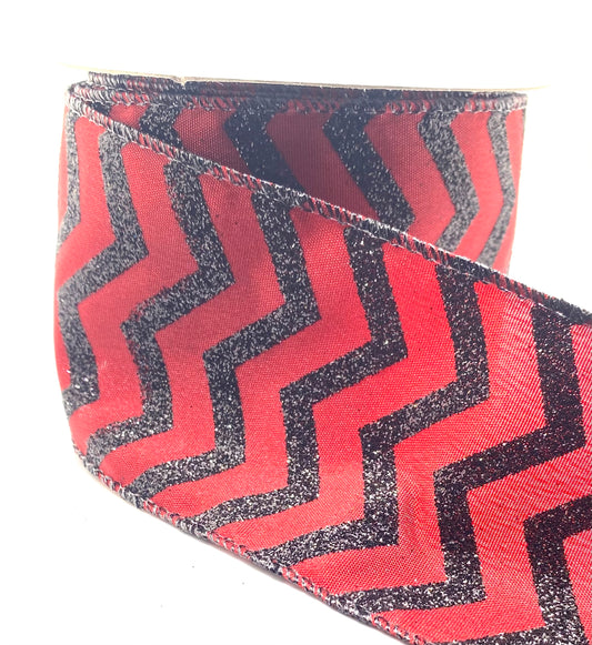 10 Yards - 2.5” Wired Red and Black Wavy Lines Satin Ribbon