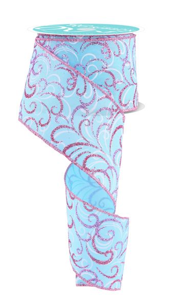 10 Yards - 2.5” Wired Blue, Pink,and White Multi Swirl Glitter Ribbon