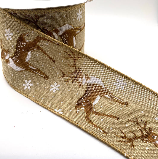 10 Yards - 2.5” Wired Natural Linen Brown Deer in Snow Ribbon
