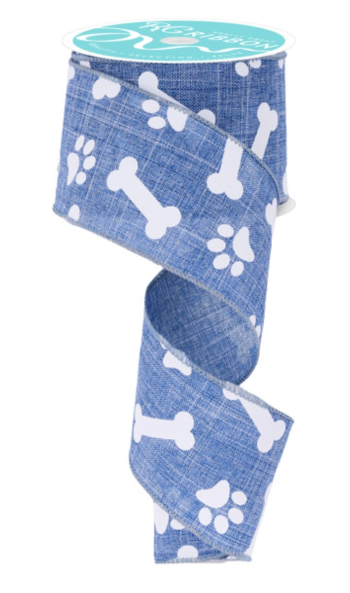 10 Yards - 2.5" Denim Blue Paws and Bones Ribbon