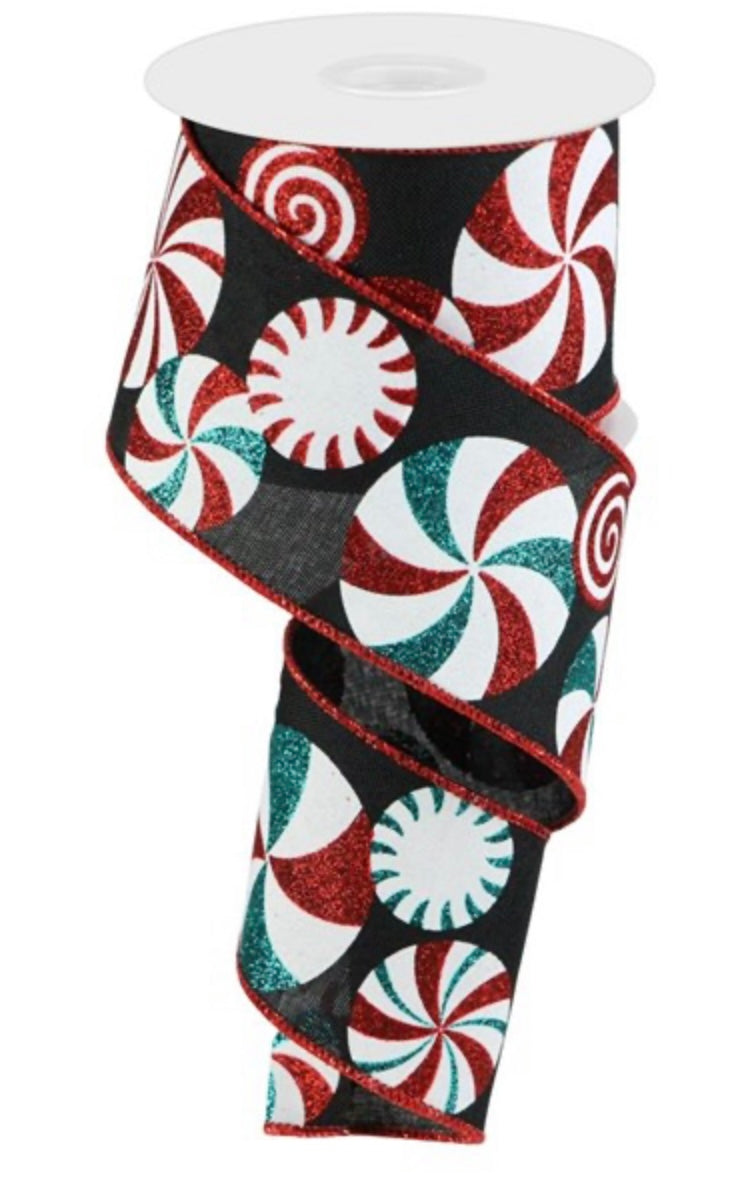 10 Yards - 2.5” Wired Peppermint Candy Christmas Ribbon with Glitter Accent