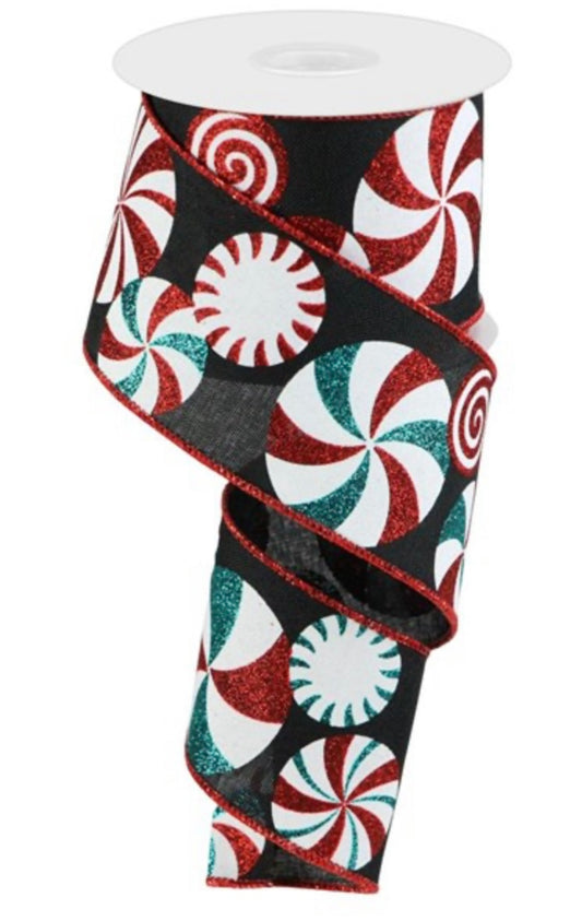 10 Yards - 2.5” Wired Peppermint Candy Christmas Ribbon with Glitter Accent