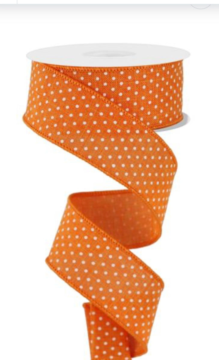 10 Yards - 1.5" Wired Orange and White Swiss Dot Ribbon